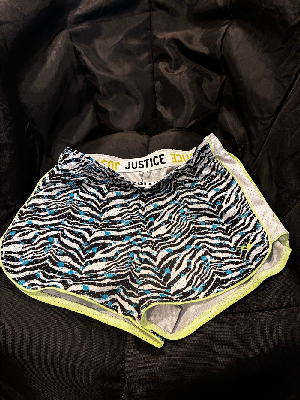Justice Black & White Zebra Athletic Shorts with Blue and Neon Trim